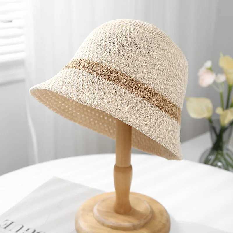 Womens Knit Bucket Hat Hollow Weave Sun Protection Fisherman Cap Retro Beach/travel/urban Summer Sun Hat Breathable Sunshade Y250707
