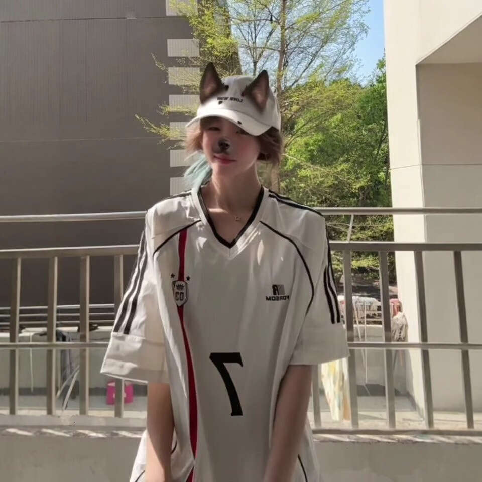 Pure Cotton American Style Sports V-Neck Short Sleeve T-Shirt Women Summer New Loose Oversize Patchwork Color Block Top For Couples B5