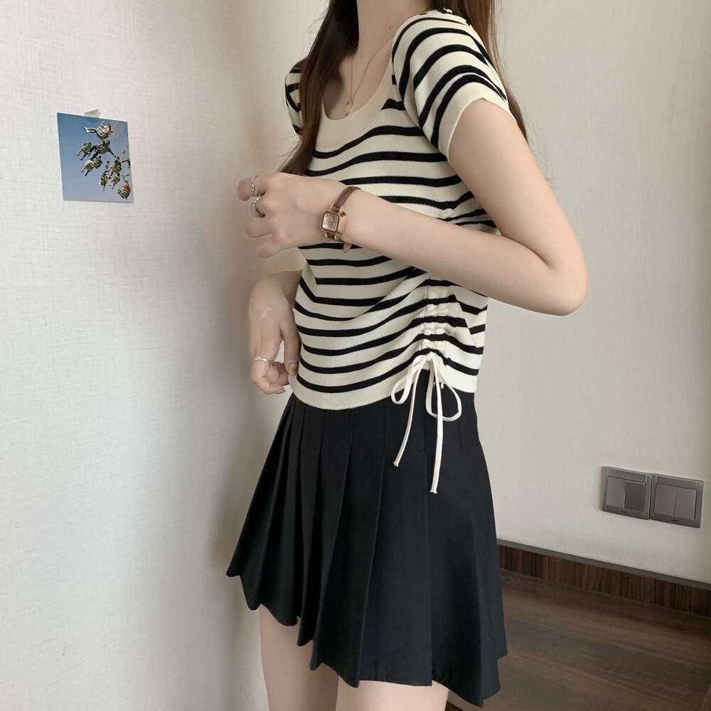 Striped Sleeve Ice Silk T-Shirt For Women Summer Loose Slimming Design Short Drawstring Versatile Top Square Neck Blouse B5