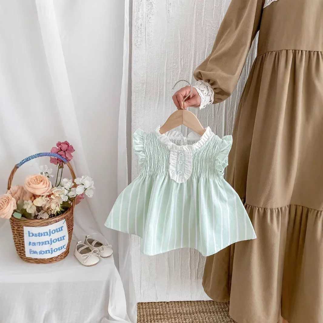 2025 Summer New Korean Style Fashionable Sweet Girls Light - Green Ruffled - Lace Sleeves - Cotton Princess Dress with Collar R250707