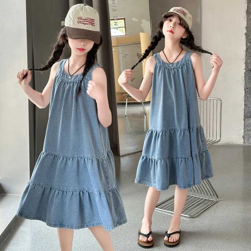 Girls Summer Dress 2025 New Style Children Stylish Denim Vest Skirt Princess Skirt Girls Summer Loose Thin 5-15 Years Old R250707