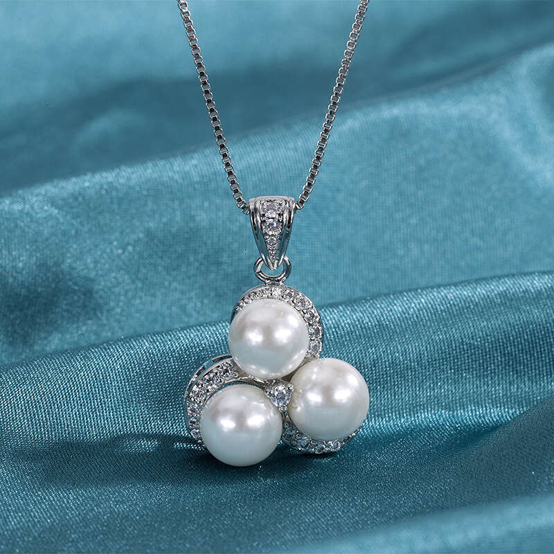 Gold-Plated Copper Live Hot Style Fashion Pearl Micro-Inlaid Dia Earrings Ring Necklace Three-Piece Set For Women A03