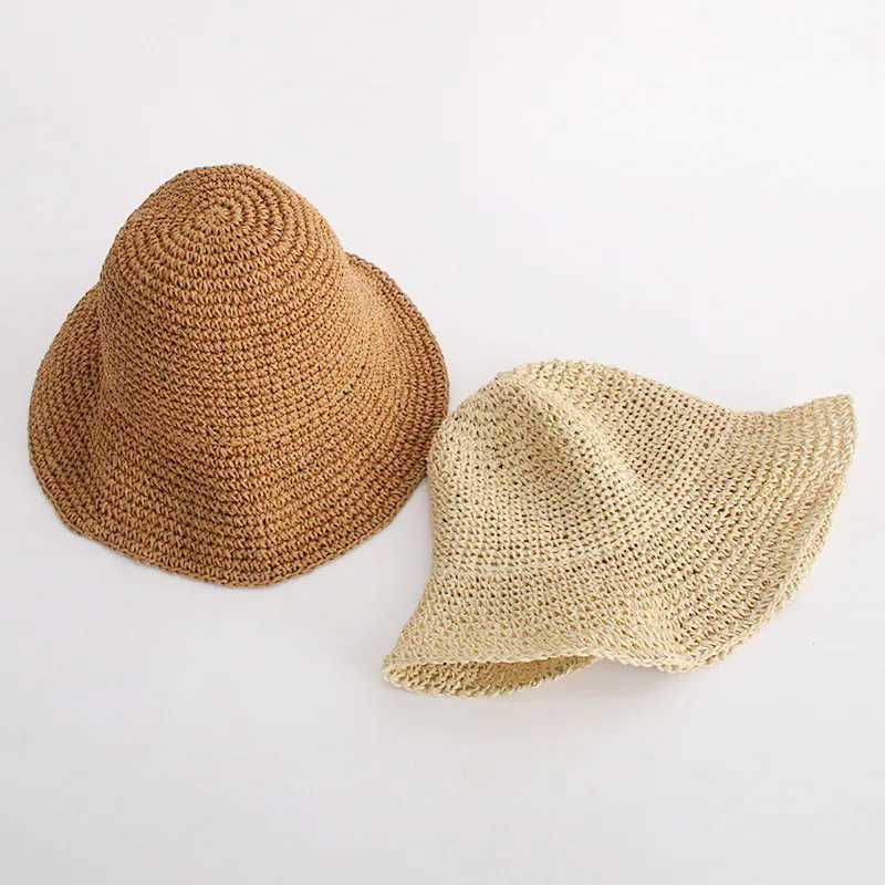 Straw Hat Womens Summer Simple Handmade Straw Woven Retro Fisherman Hat Big Edge Foldable Sun Hat Y250707
