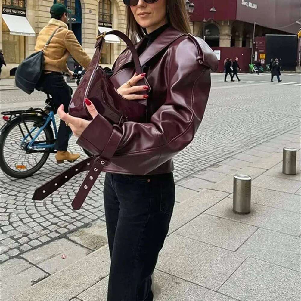 Fashion Lapel Leather Jacket Autumn Winter Women's Jackets Vintage Long Sleeve Crop Coats Belt High Street New In Outerwear