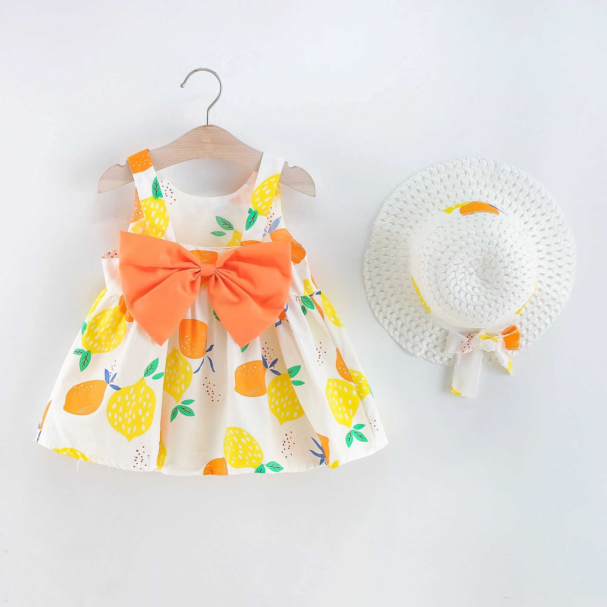 Baby Girl Dresses Summer Bow Fruit Print Girls Dresses Cute Girls Beach Dresses with Hat R250707
