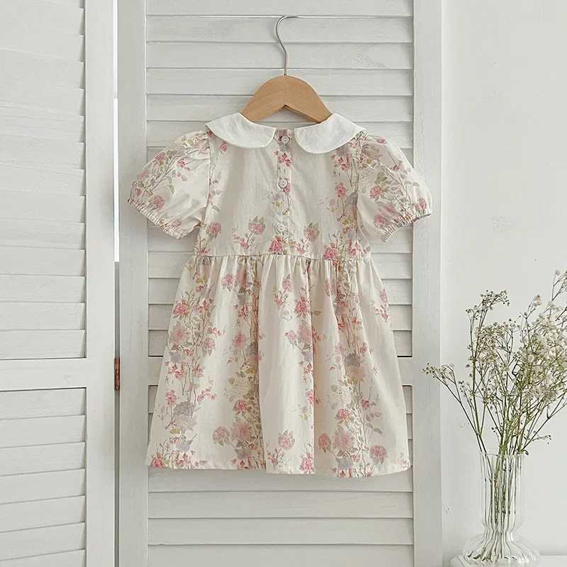 Fashion Girl Dress Pink Flowers Retro Lace Dress Cotton Princess Casual Round Neck Summer Dress New Sweet Kids Clothing R250707