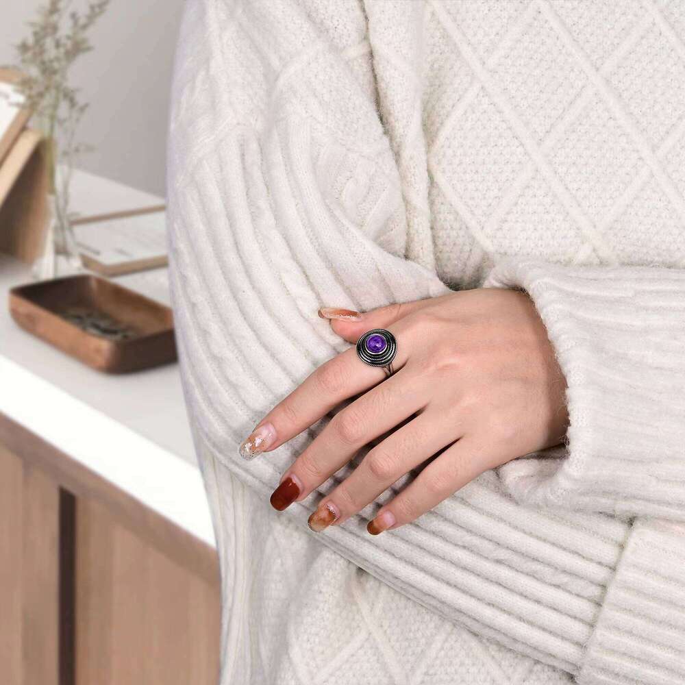 fashion Natural Charoite Beads Women's Silver Jewelry Ring Delivery