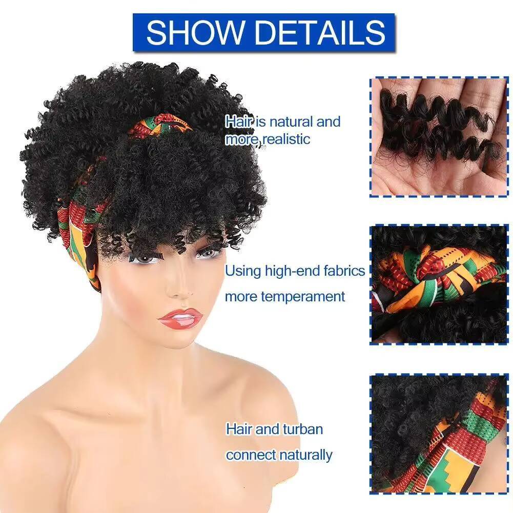 Black womens headscarf and tassel, 2-in-1 wrapped wig, short African curly hair synthetic wig with headscar ddmythur