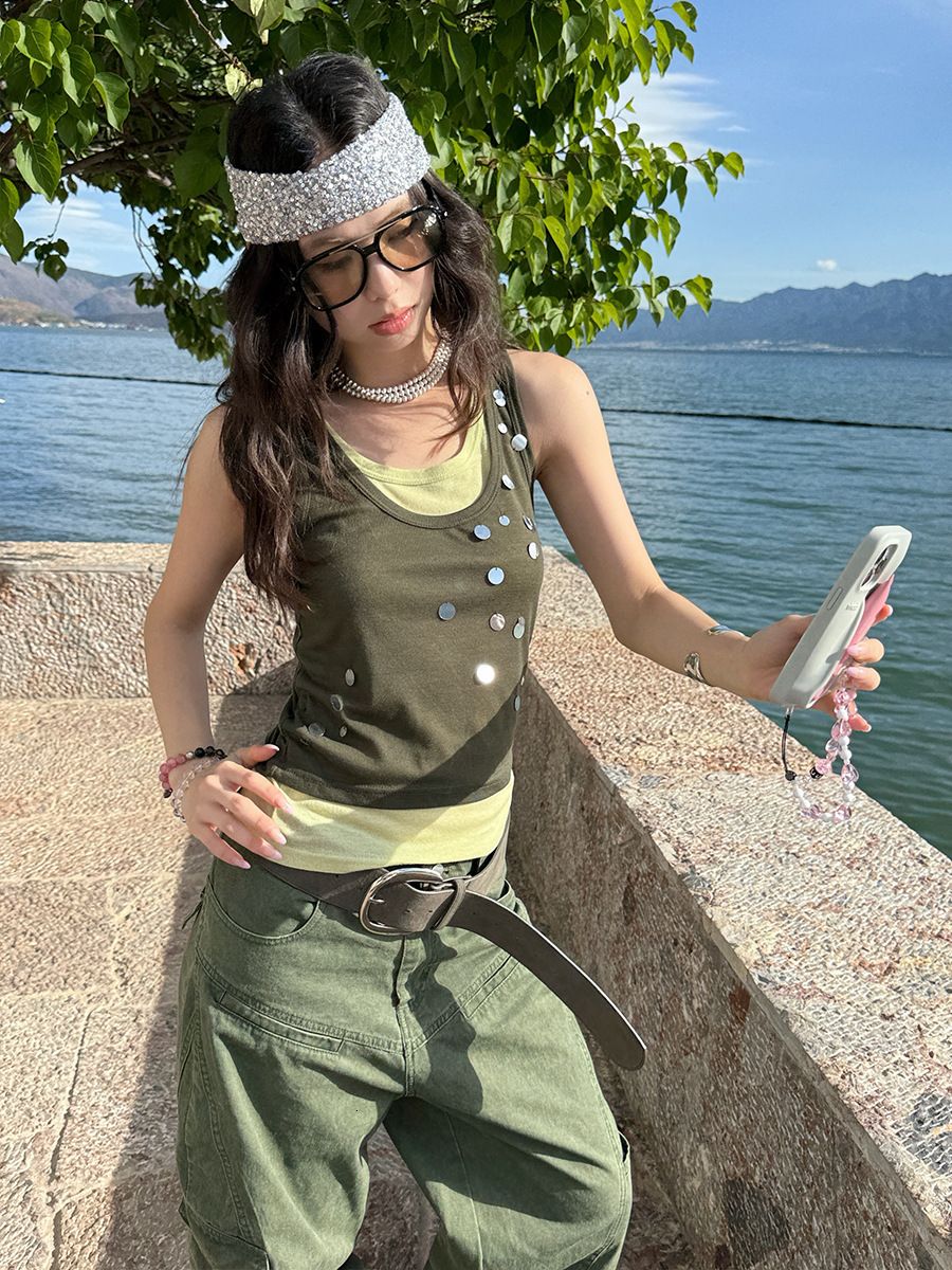 2025 Summer new women's T-shirt fashion street style handmade sequins niche color block two-piece set short sleeved T-shirt new designer T-shirt