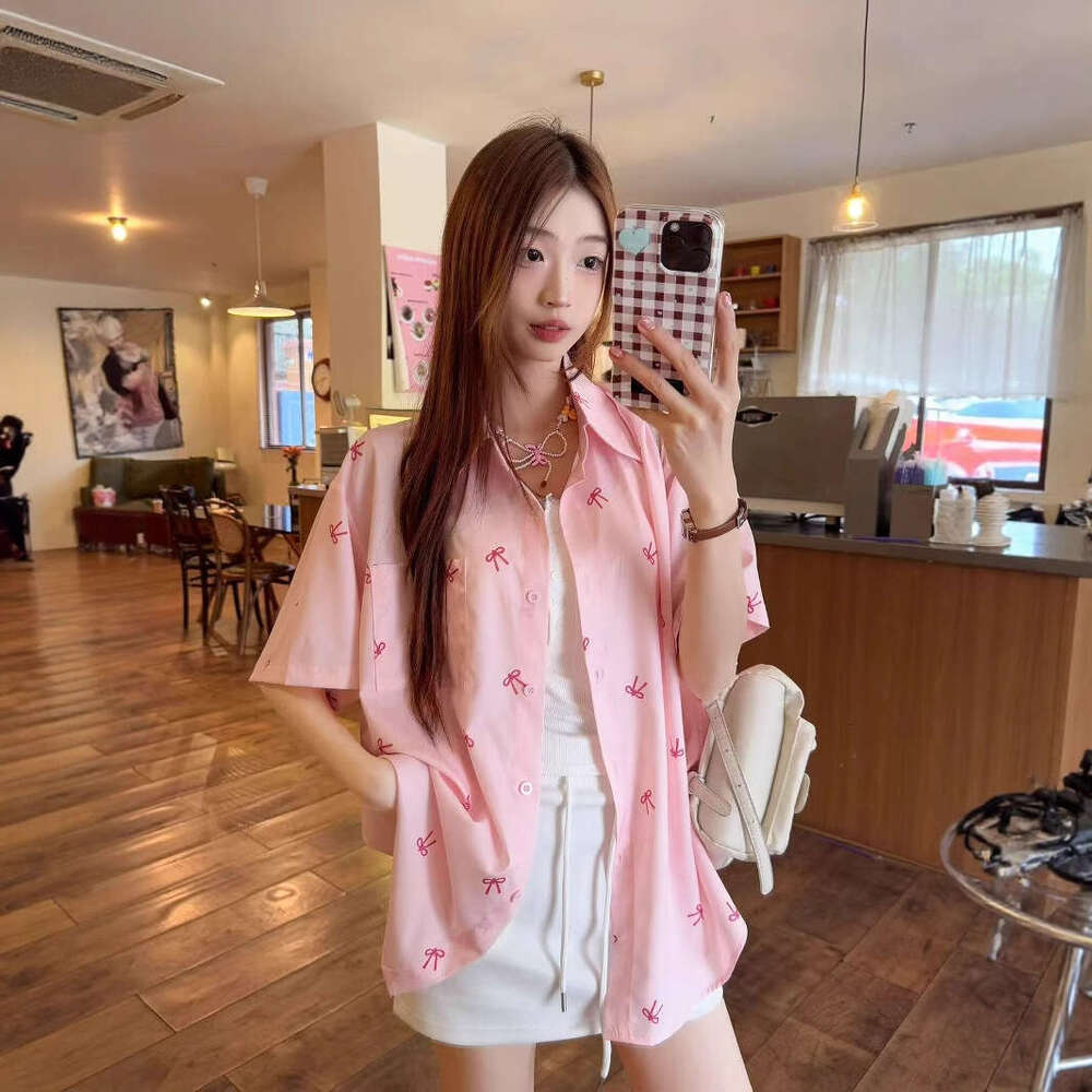 Pink Printed Bow Short Sleeve For Women Summer Sweet Design Sense Niche Stylish Thin Shirt Jacket B5