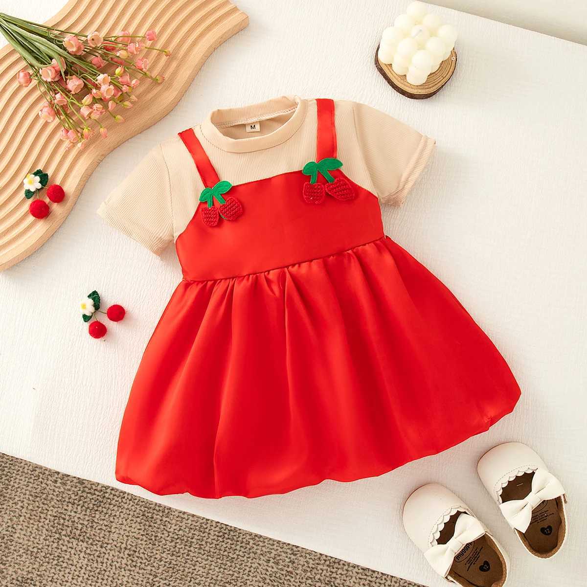 Summer Casual Dresses for Girls Cute Cherry Decoration Knit Short Sleeve Color Block Dress Baby Girl Pink Dress R250707