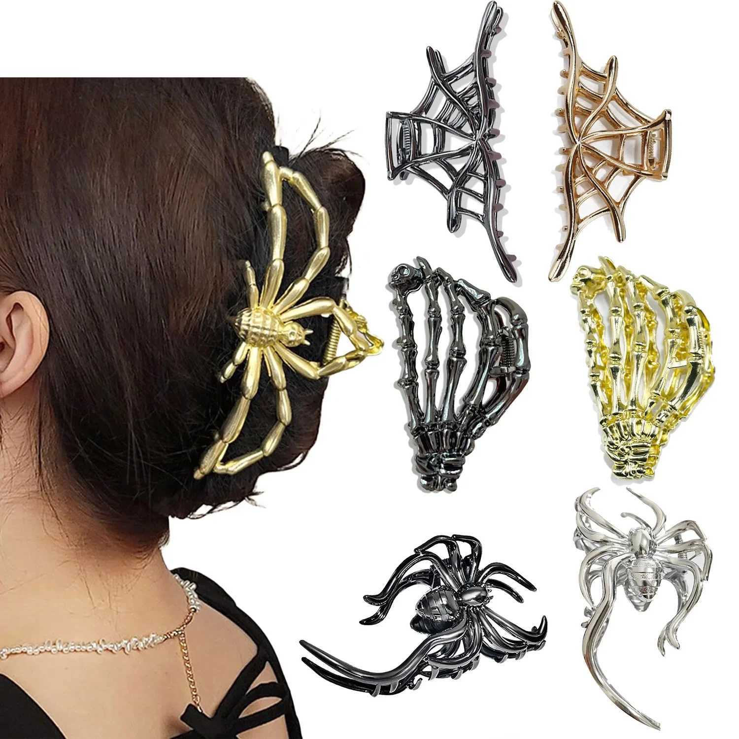 Hip Hop Halloween Spider Skeleton Hair Claw Clips for Women Jewelry Accessories Black Silver Gold Big Barrette New Headwear Y250707