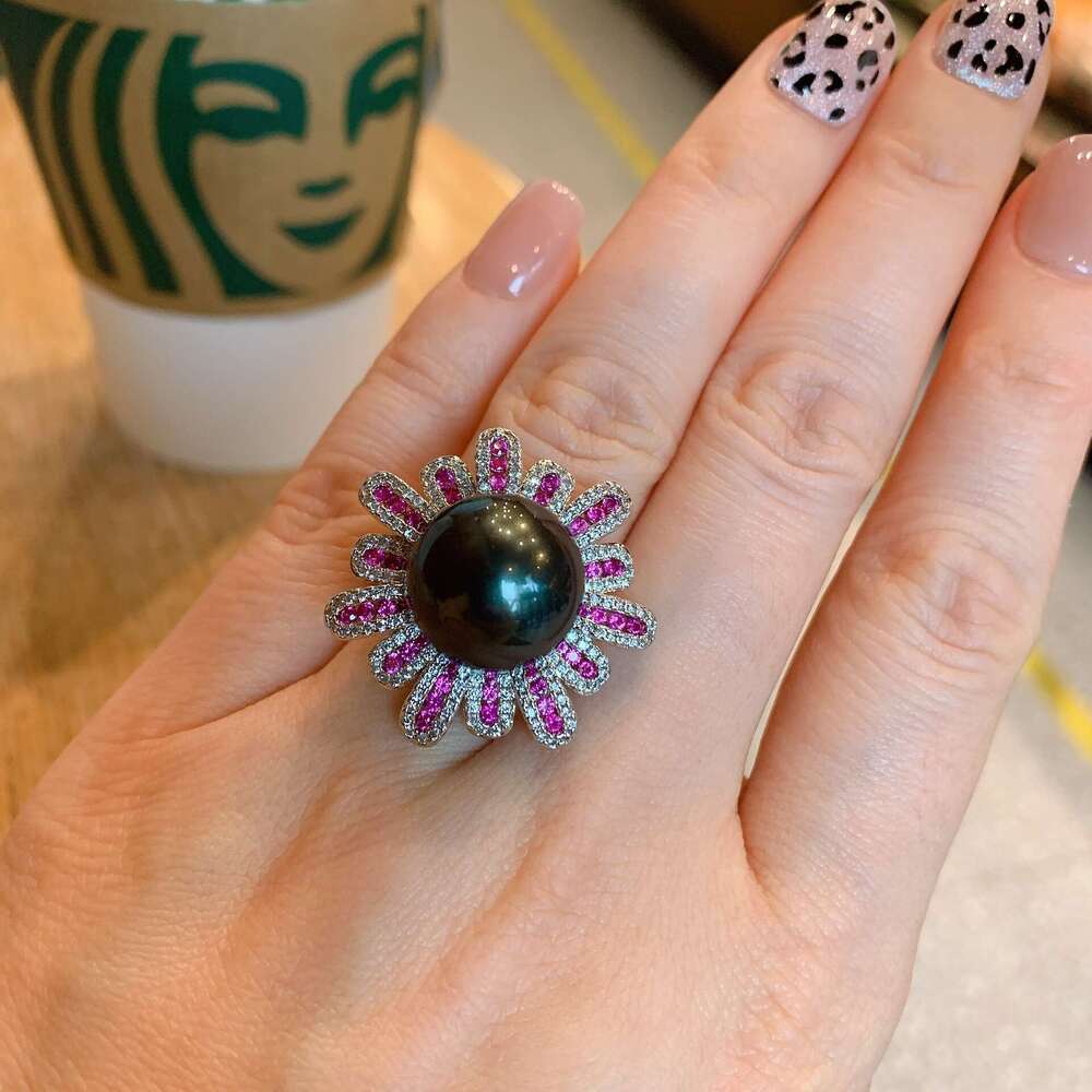 Tiktok Australian Mother-Of-Pearl Pearl Micro-Paved Red Ruby Fashion Adjustable Ring 0B6