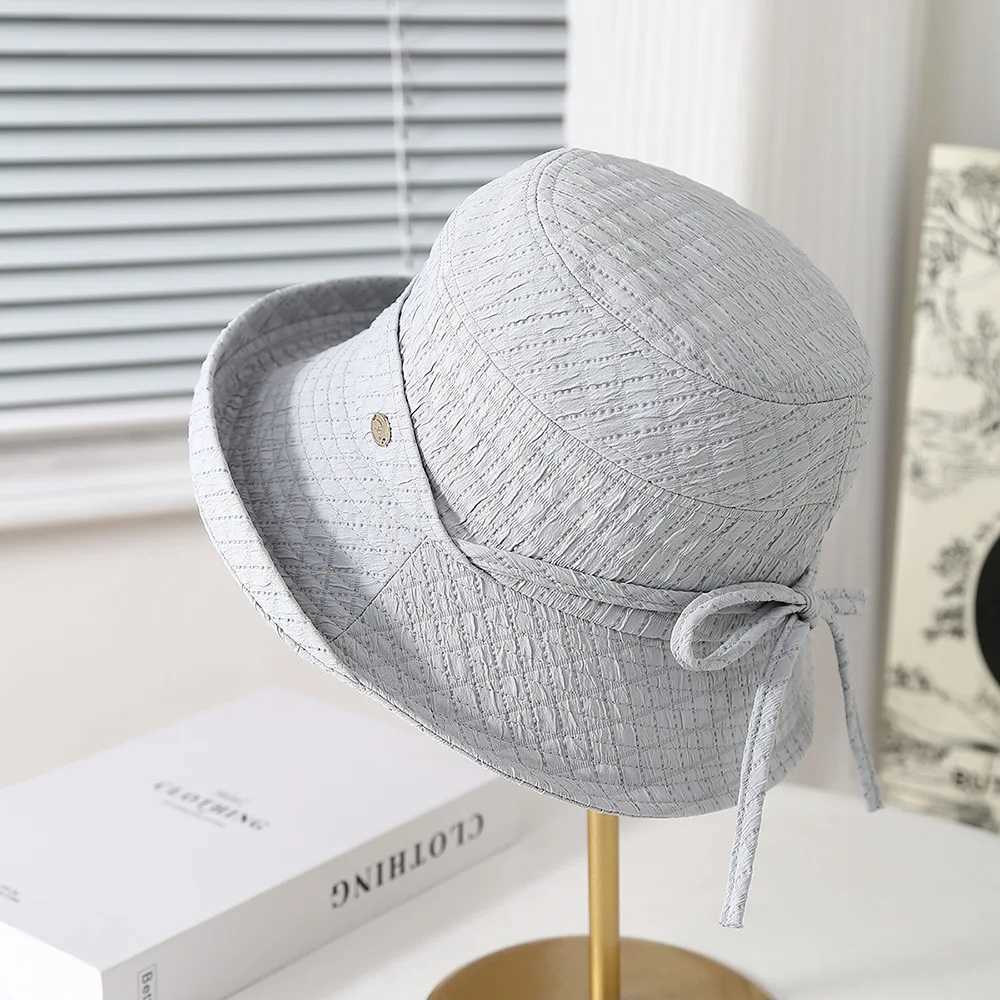 Womens Bucket Hat Elegant Lady Fisherman Cap With Bow Wide Brimmed Spring Summer Hats For Women Foldable Cloth Sunhat New Y250707