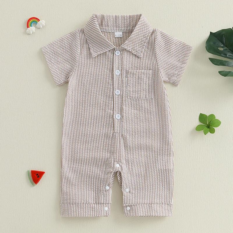 0-18M Summer born Baby Boys Casual Rompers Clothing Striped Print Pocket Turn-down Collar Button Jumpsuits Playsuits 250707