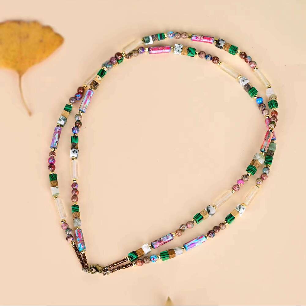 Bohemian Double-Layer Beaded Handmade Jewelry with Malachite Imperial Jasper Stone Necklace
