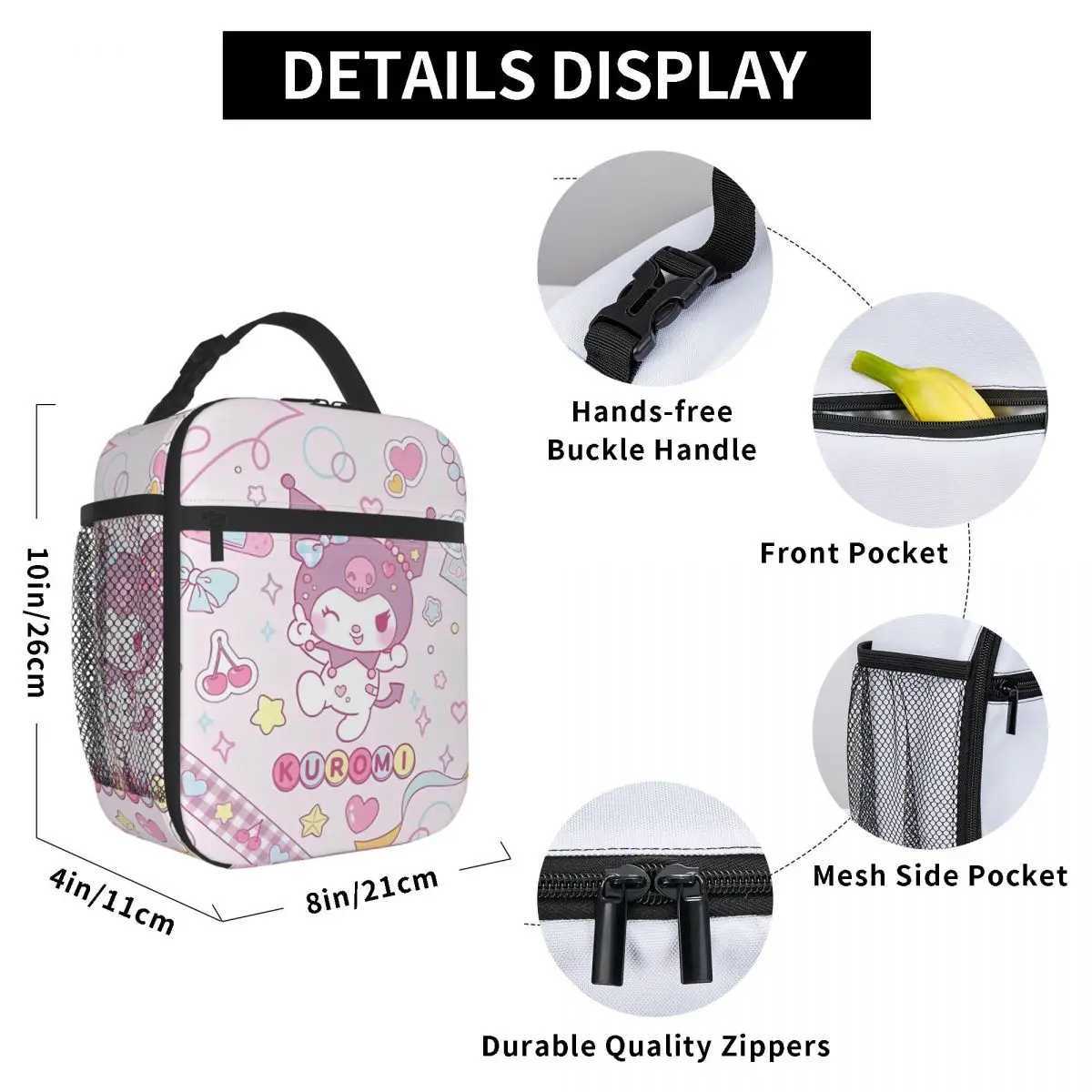 Cute Kuromi Insulated Lunch Bags Thermal Bag ReusableMeal Container Large Tote Lunch Box Food Handbags Beach Outdoor
