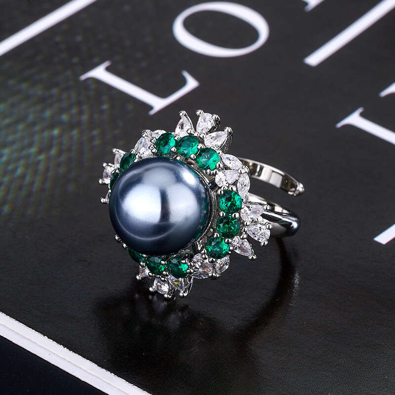 Emerald Jewelry Palace Style New Colorful Set Gray Pearl Sier Needle Earrings Ring Necklace F08