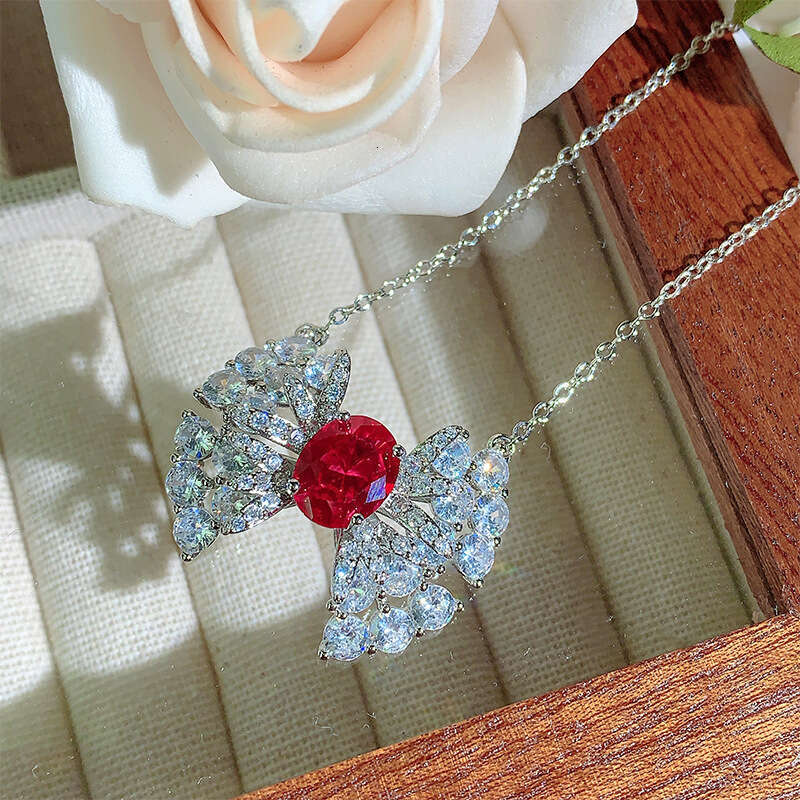 New Style Jewelry Set Necklace Earrings Ring Red Fashion Light Zircon Versatile Women's 3Fa