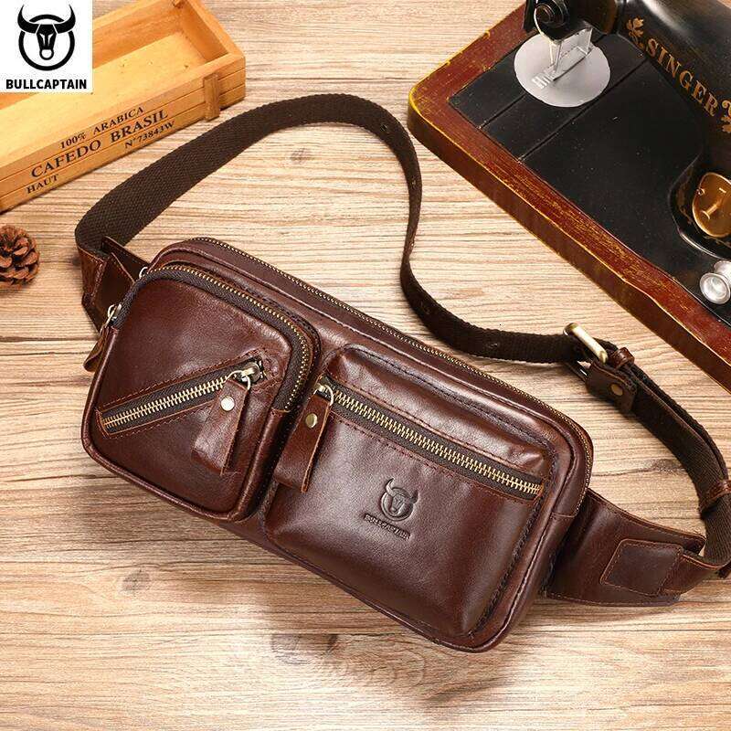 BULLCAPTAIN Men's Genuine Leather Chest Outdoor Sports Shoulder Multifunctional Large Capacity Waist Bag