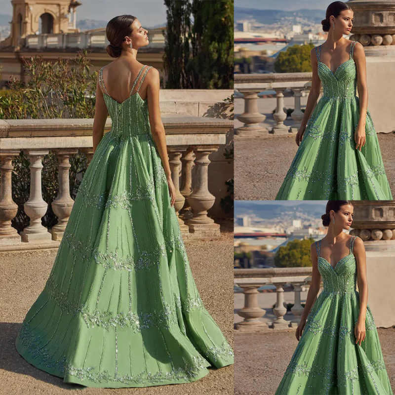 Customized Dubai Beaded Green Evening Dress for Women Prom Party Dresses V-neck A-Line Spaghetti Strap Prom Dress Dresses vestido de novia