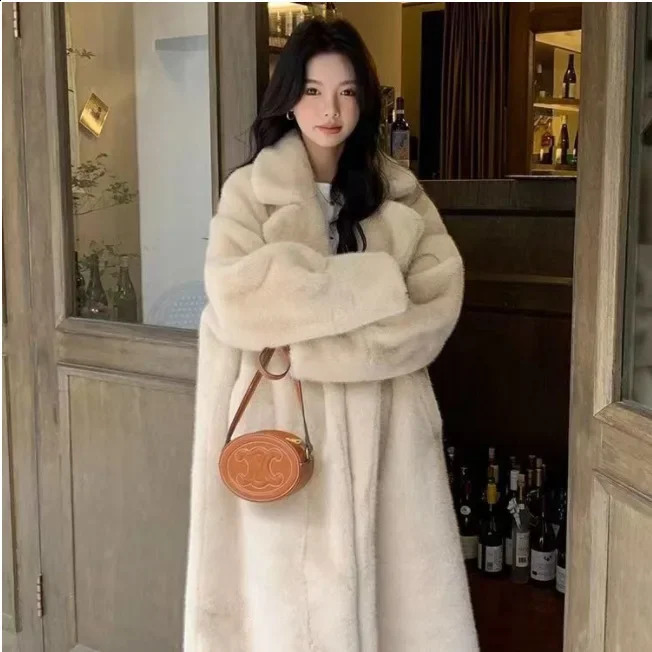 Women Thick Maxi Jacket Y2k Autumn Winter Faux Fur Maxi Coat Long Warm Belt Fur Black Parkas Bontjas Furry Outerwear 250703