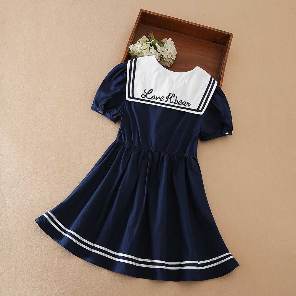 100% Cotton White Sailor Back to School Dress for Girls Suitable for 5-12 Years Old Girls Short Sleeve Summer Dresses R250707