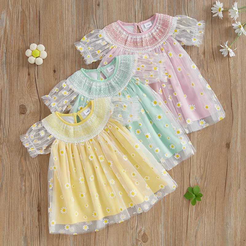 Kids Baby Girls Party Dress Short Sleeve O Neck Daisy Print Tulle Sweet Dress Newborn Clothes R250707