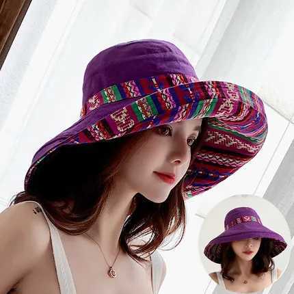 Hat Womens Summer Big Edge Double-Sided Sunshade Bucket Hat Korean Version Versatile Ethnic Style Travel Sun Protection Cap Y250707