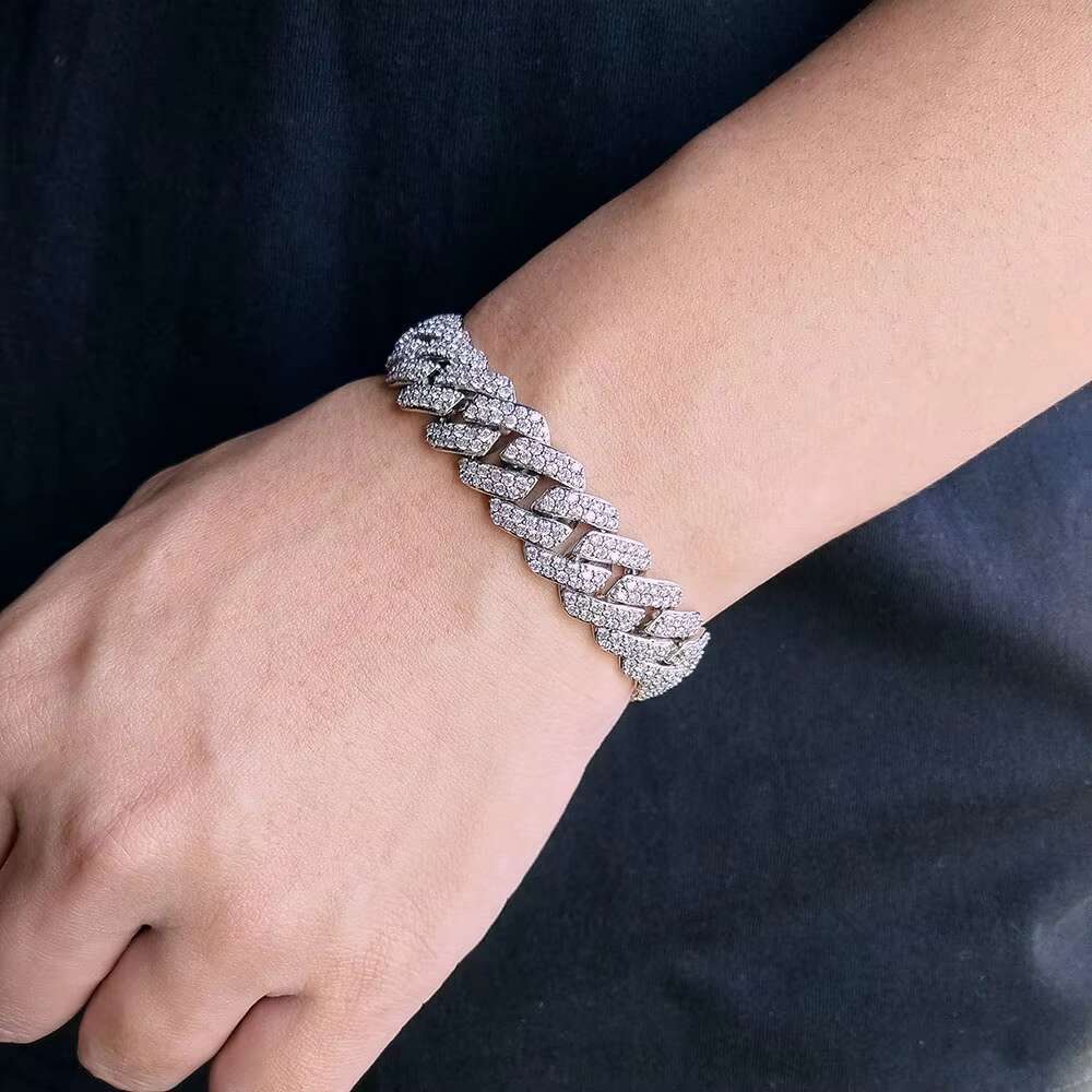Eskeem 925 Sterling Silver VVS Moissanite 15mm 2 Rows Cuban Link Bracelet Brilliant Shining Jewelry Diamond Test Passed