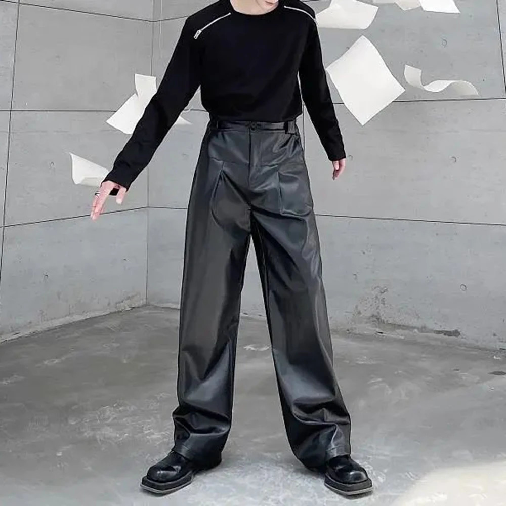 Mens Pu Leather Pants Performance Casual Trousers Autumn Streetwear Fashion Versatile Campus Straight MenS Clothing 250704
