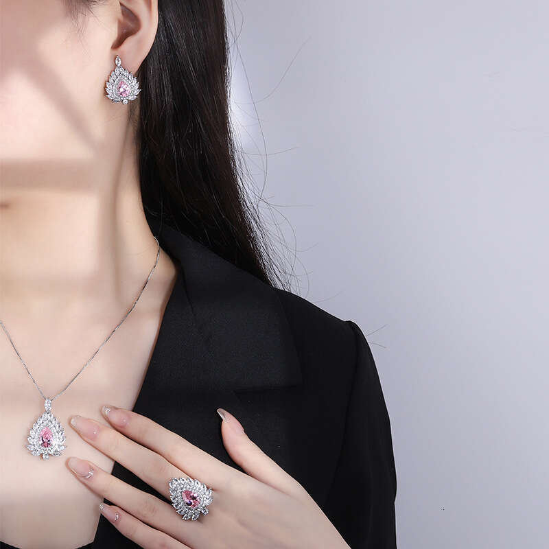S Sier Needle Trendy Imitation Jewelry Accessories Set High-End Pink Dia Earrings Ring Pendant For Women 590