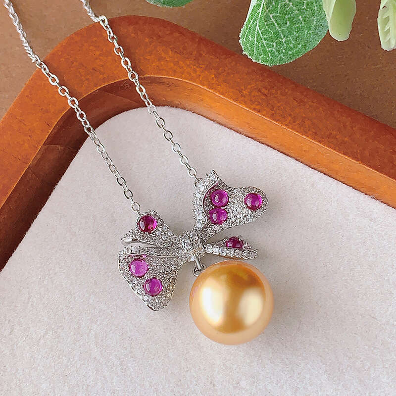 New Pearl Set Necklace Earrings Bowknot Style Jewelry Purple Changing Red Corundum Light Women 4Db