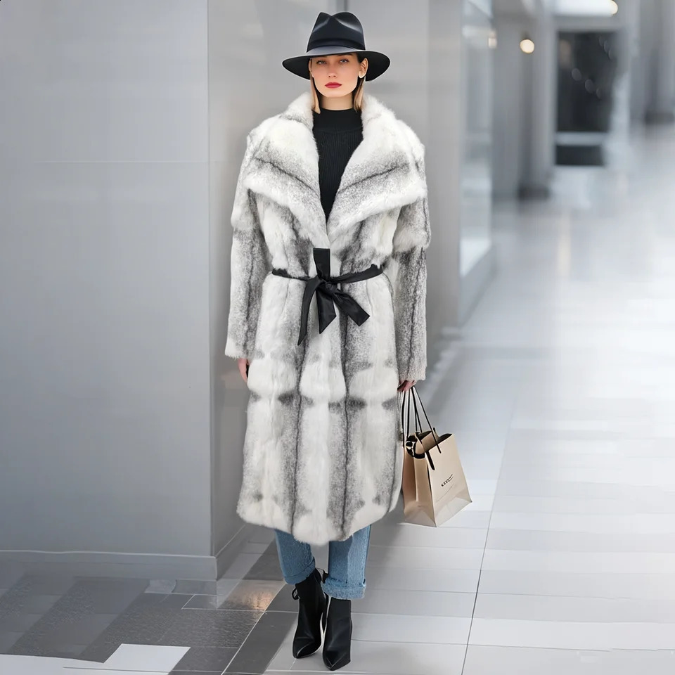 Winter long Jacket Women Natural Rabbit Fur A-line coat Thick Warm with Belt Outerwear Streetwear Casual big collar 240904 250703