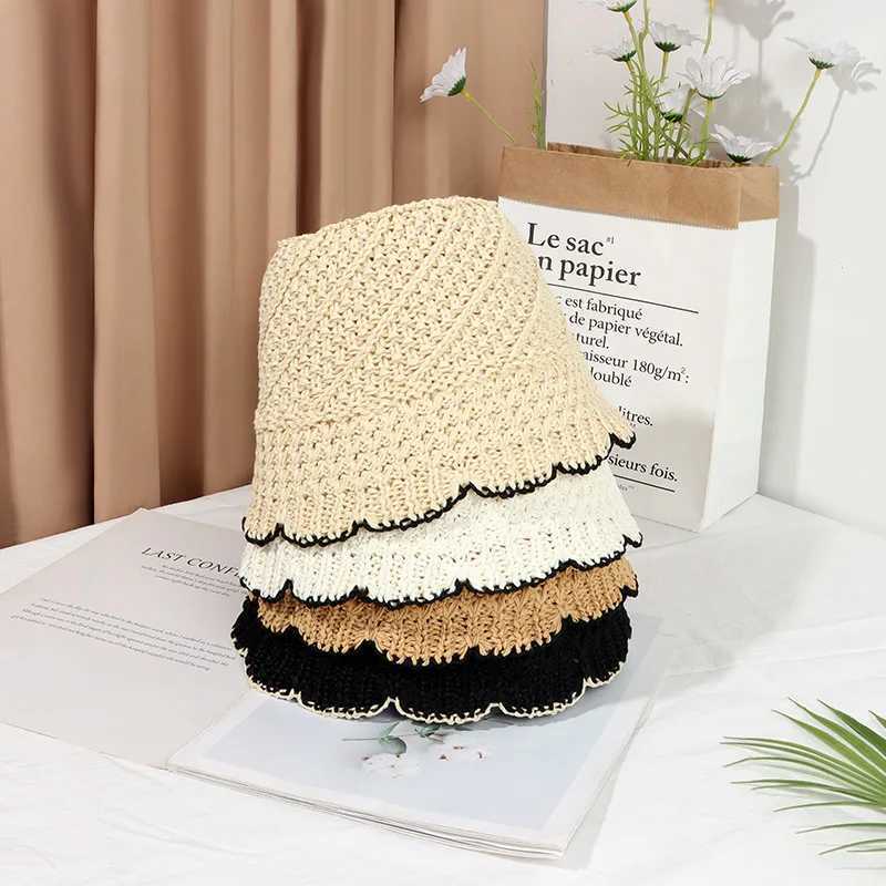 Summer Bucket Hat for Women Korean Style Solid Color with Edge Straw Beach Fisherman Hat Fashion Sunshade Outdoor Cap Gift Y250707