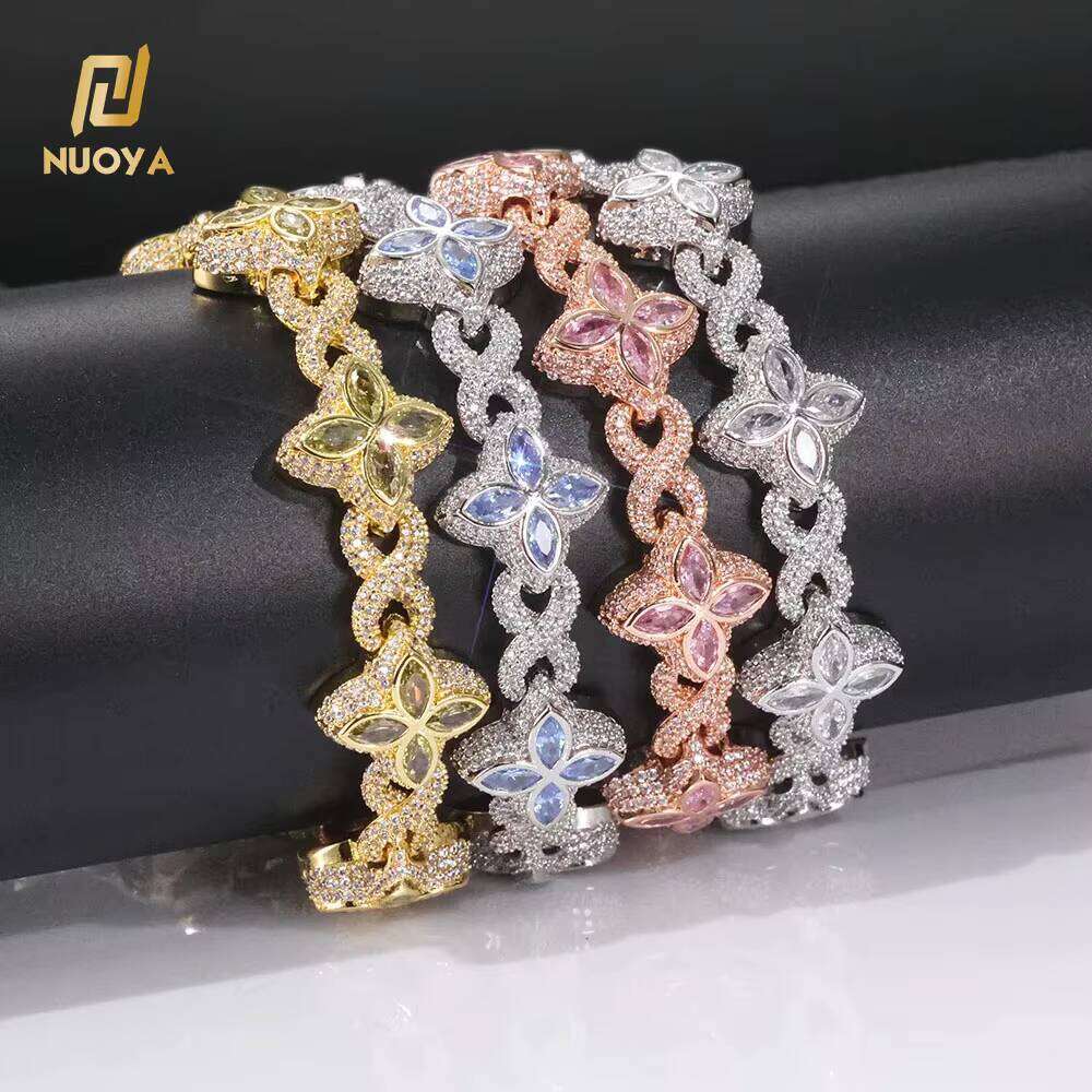 NUOYA Hip Hop Jewelry 8mm Colored Iced Out Dia Flower Infinite Symbol Chain Four Leaf Clover Necklace for Men Women