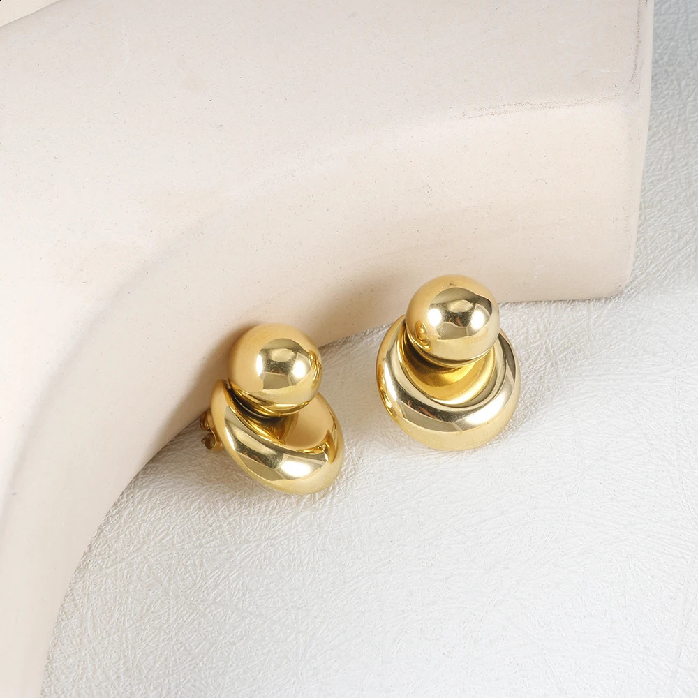 JOVO LOVE Stainless Steel Round Beads Concave Geometric Earrings for Womens Gold Plated Waterproof Charm Large Ear Jewelry Gift 250707