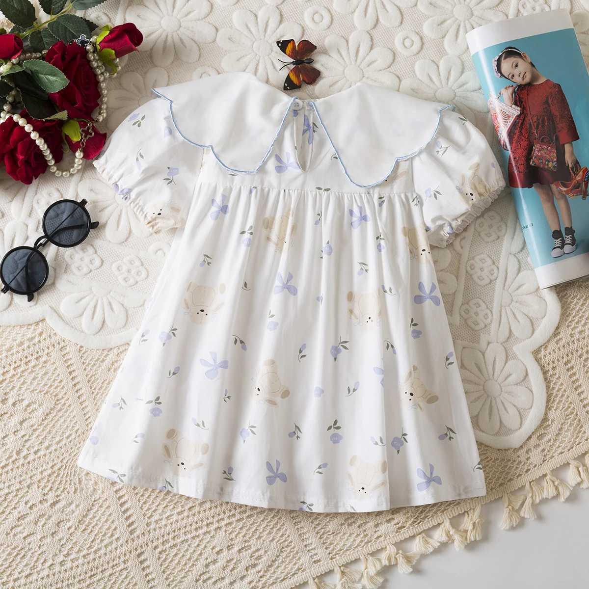 Baby Girl Summer Dress Full Print Flower Bow Short Sleeve Girl Dress Cute Cotton Bubble Sleeve Girl Princess Dress Baby Clothing R250707