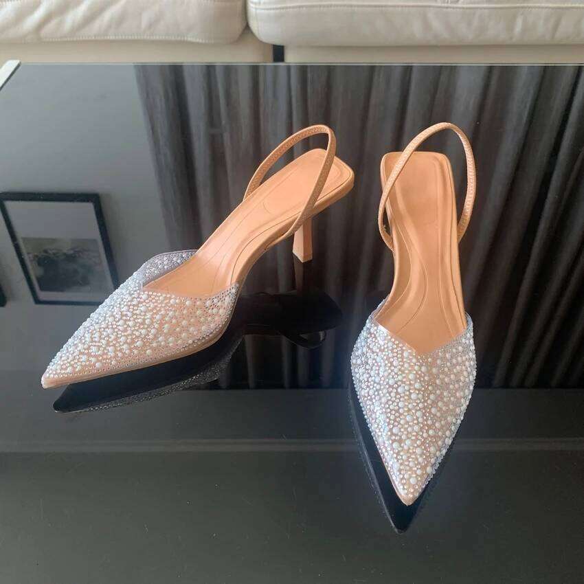 2025 NEW Fashion Summer Women Pearl Decoration Sgback Pumps Pointed Toe High Heels Sandals Elegant Woman Shoes