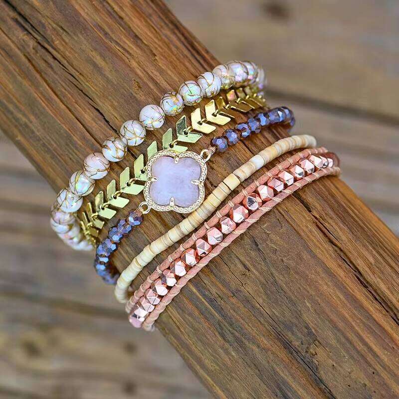 bohemian Handmade Rose Quartz Healing Plum Blossom Shape Natural Stone 5 Layer Bracelet