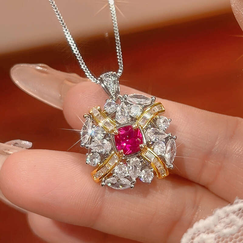 New Style Set Necklace Earrings Ring Jewelry Red Corundum Gemstone Women's High-End Fashion Light 8D4