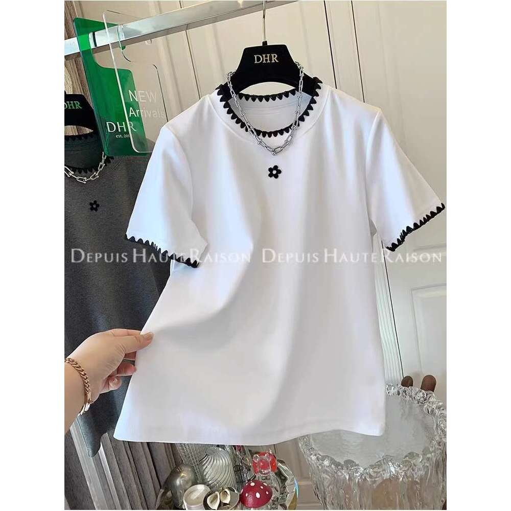 Korean Style Embroidered White Short T-Shirt For Women Summer Regular Shoulder Half Sleeve Slimming Belly Covering Top Trendy Pure Cotton B5