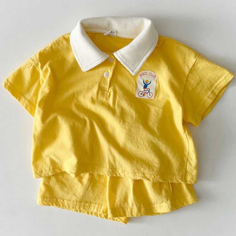 Summer New Boy Fashion Polo Sports Clothing Set Kid Simple Turn-down Collar T-shirt With Solid Loose Thin Cotton Shorts 2-piece Set R250707