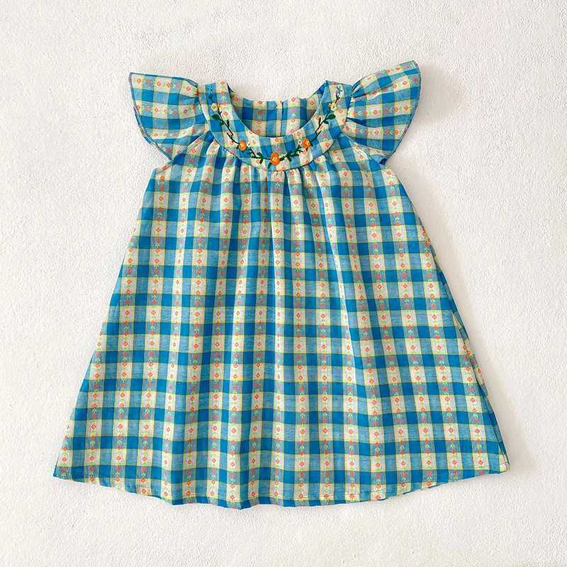 New Girls Flower Print Princess Dresses Baby Embroidery Party Dress with Wooden Ear Edge Plaid Casual Kids Clothes Fashion Summer Wear R250707