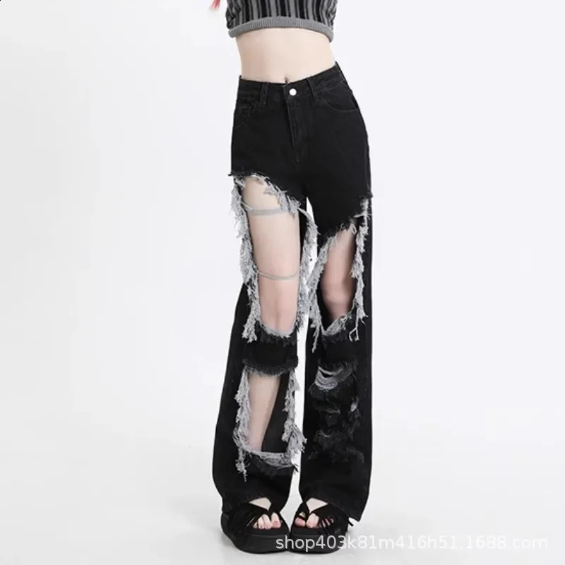 High Waist Straight Leg Denim Jeans Womens Sexy Hollow out Hole Slimming Wide Leg Pants for Short Girls Black 250707