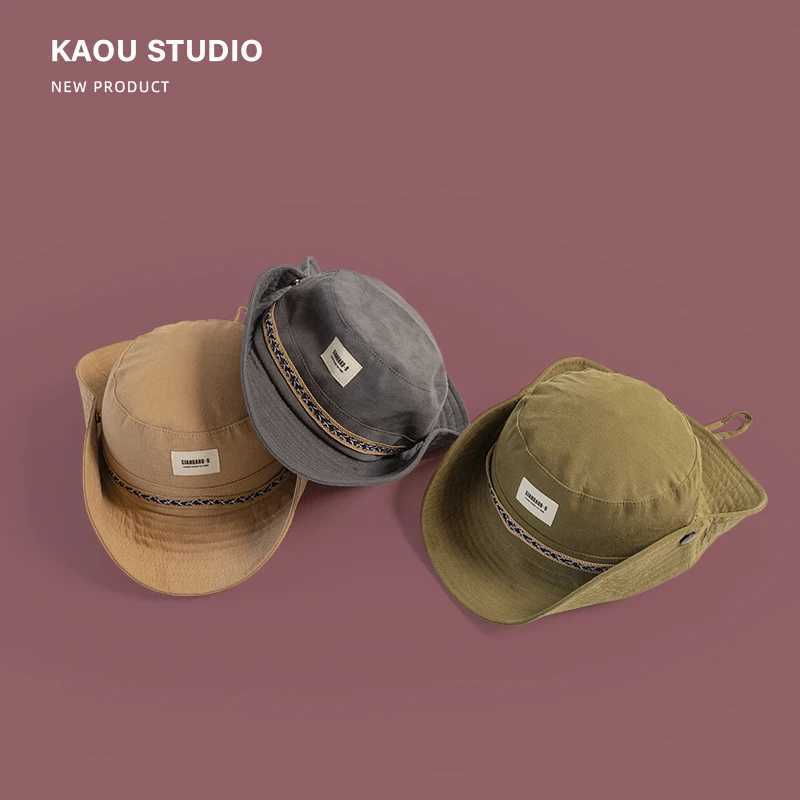 Japanese Harajuku Tooling Style Bucket Hats for Men and Women Outdoor Camping Sunshading Fashion Sticker Western Cowboy Caps Y250707