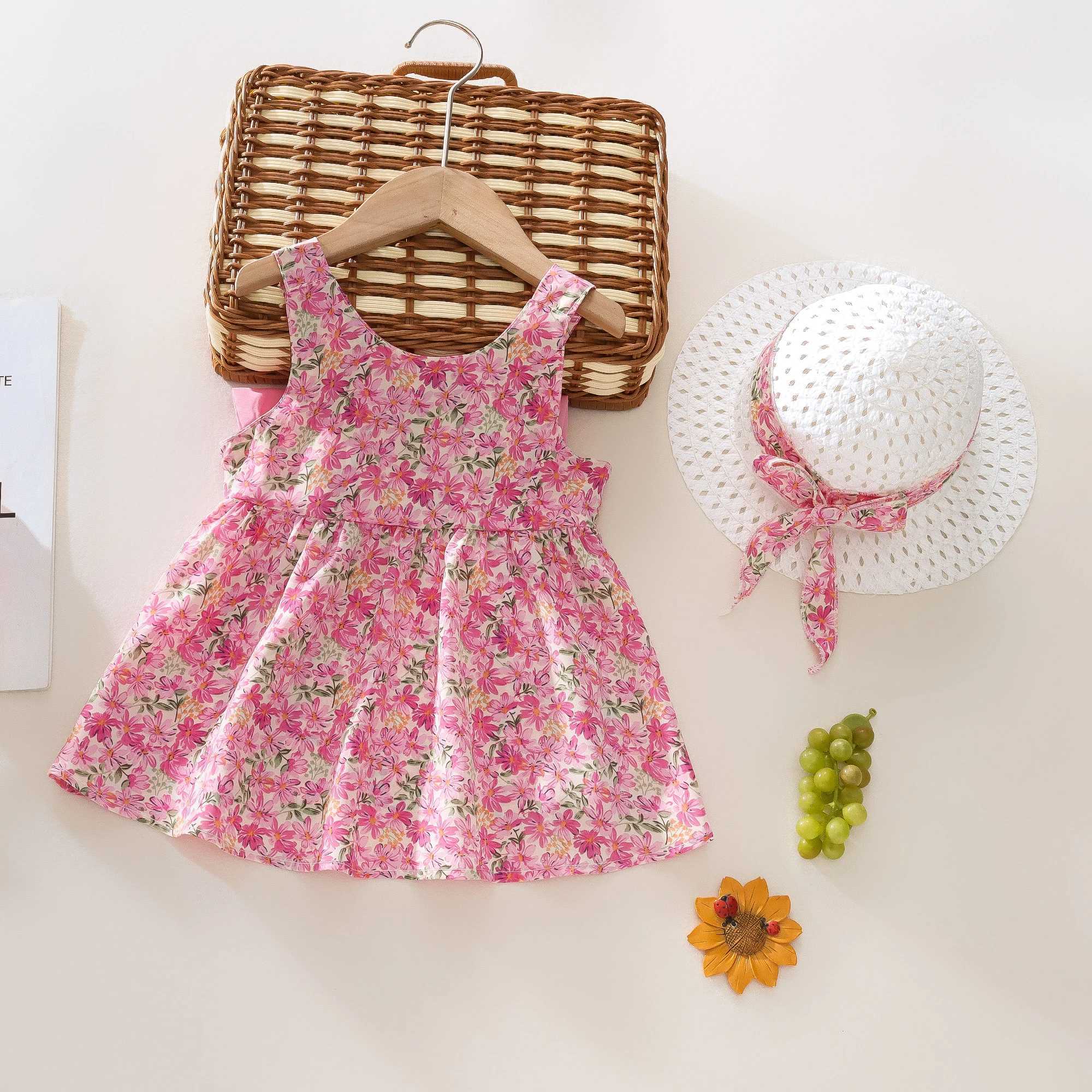 Summer 2-Piece Baby Dress+Sun Hat Bow Strap Floral Baby Girl Dress Soft And Comfortable ChildrenS Clothing R250707