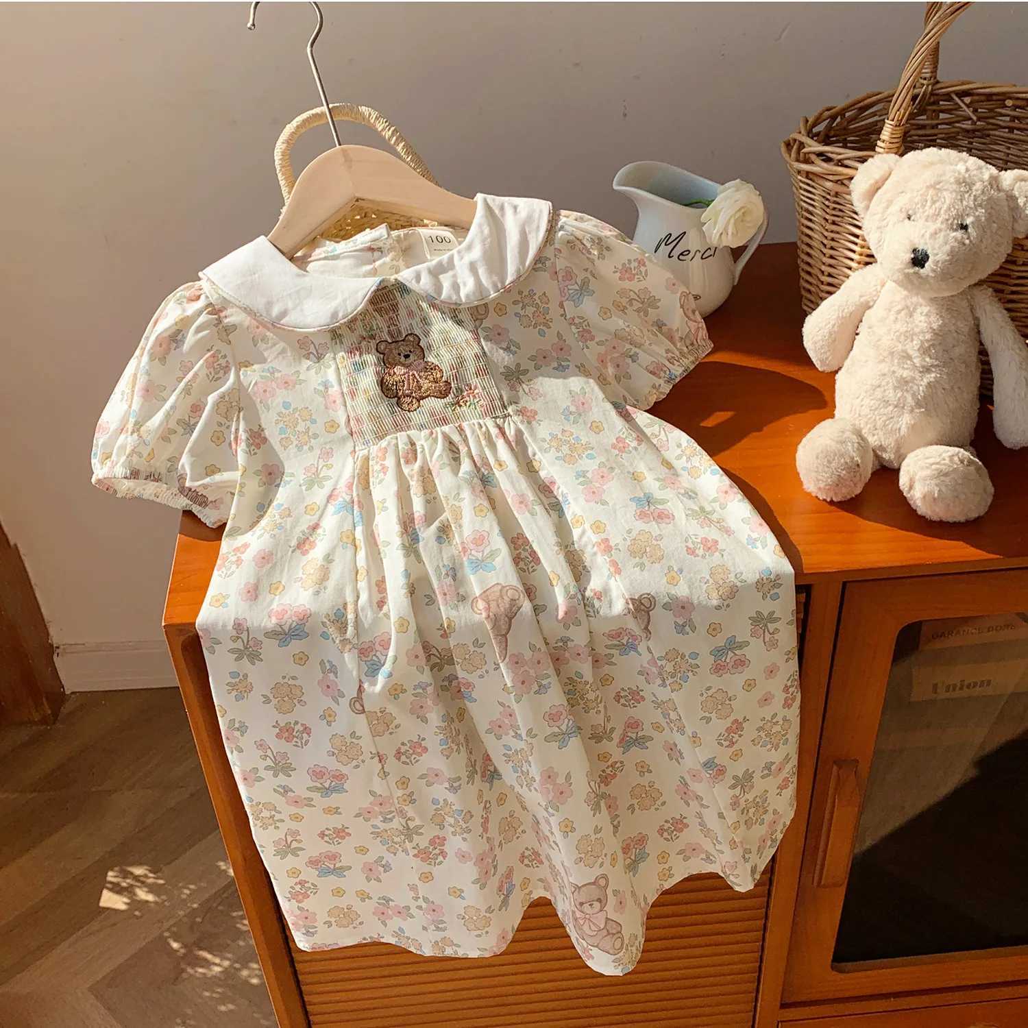 Little Bear Embroidered Short Sleeve Girls Dress 2025 Summer New Style Doll Collar Western Printed Children Dress R250707