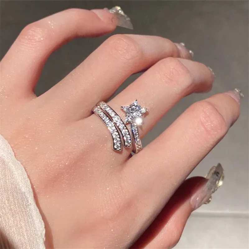 925 Sterling Silver Star Rings for Women Full Crystal Cubic Zirconia Resizable Opening Rings Daily Wear Fashion Jewelry Gifts XJ250707