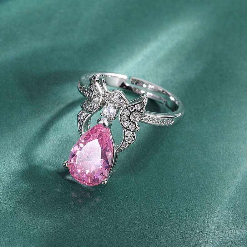 Red Colorful Gemstone Zircon High Carbon Diamond Water Drop Shape Imitation Tourmaline Ring 75E